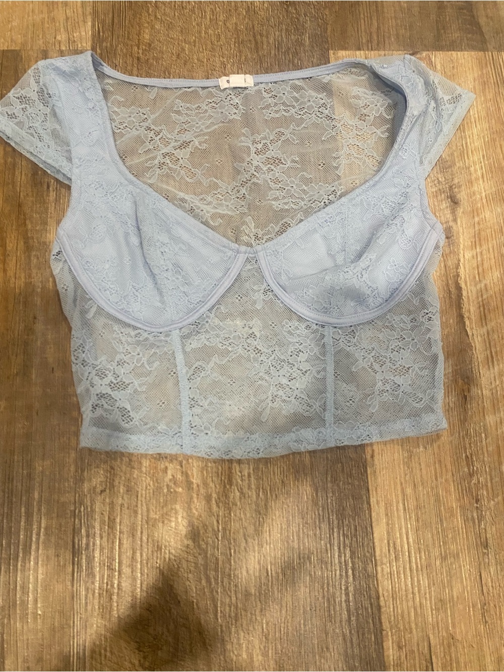 Garage Light Blue Sheer Lace Underwire Crop Top